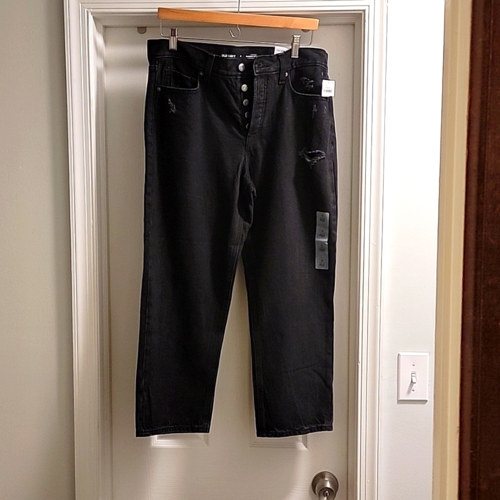 Old navy high rise slouchy straight black denim pants for women!